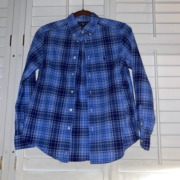 Ralph Lauren Boys Large 14-16 long sleeve button down shirt. Blue plaid. - Picture 2 of 5